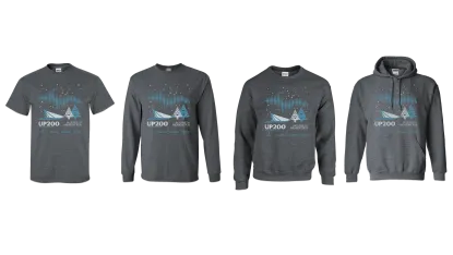 dark gray short sleeve and long sleeve t-shirts, crew neck sweatshirt and hoodie sweatshirt with the 2024 race logo
