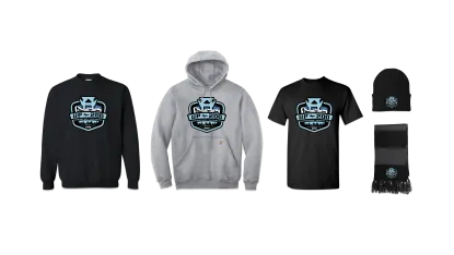 black crew neck sweatshirt, light gray hoodie sweatshirt, black t-shirt, black beanie, black and dark gray scarf with the up200 logo